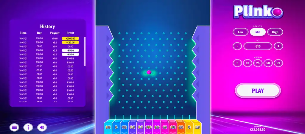 Elementos de juego e historia de Plinko game.